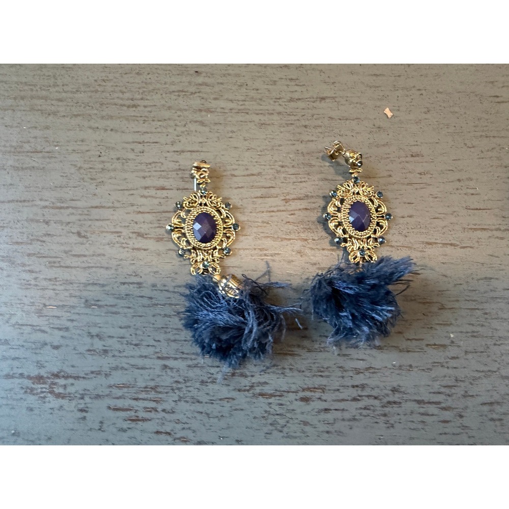 Gold Tone Filigree Tassel Drop Earrings Purple Stone Navy Blue Fringe Boho